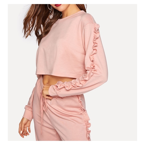 Pink Ruffle Trim Drawstring High Waist Sweatpants - Picture 4 of 6